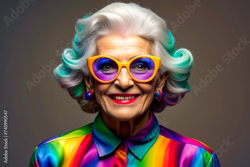 A Vibrant Older Woman with Colorful Glasses and a Bright Scarf