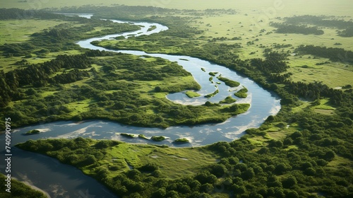 Aerial View of River Delta with Lush Greenery
