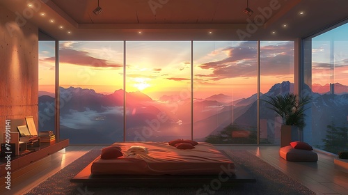 Sleek modern bedroom design with a platform bed and a wall of windows showcasing a stunning sunset over the mountains, Scandinavian style