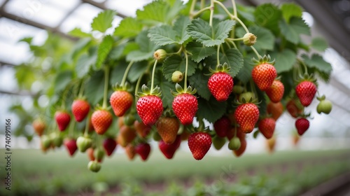 strawberries harvest in the indoor agriculture field. Delicious ripe strawberries from a modern greenhouse. industrial agriculture