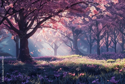 blossoming trees in a forest with grass and sunlight Generative AI