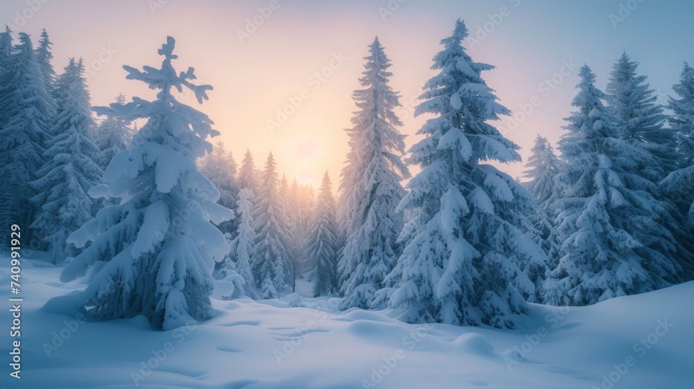 Fototapeta premium The suns rays filter through snow-covered trees in a winter landscape, A winter wonderland scene with snow-covered pine trees under the azure twilight, AI Generated
