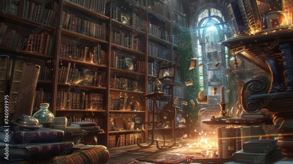Room Overflowing With Books, A wizard's mystical library filled with magical artifacts and floating books, AI Generated