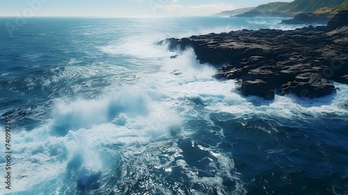 Aerial View of Sea and Rocks: Ocean Blue Waves