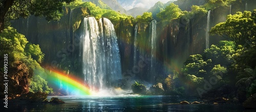 A stunning natural landscape featuring a waterfall cascading into a watercourse, with a vibrant rainbow arching in the middle, showcasing the beauty of water resources in the ecoregion