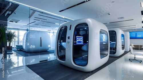 Tech centric office with futuristic pods and interactive screens, modern office interior design