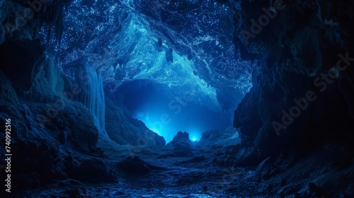 Cave underground with abundant blue water reflecting the light  An underground cave illuminated with bioluminescent organisms  AI Generated