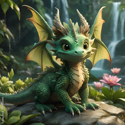 adorable cutest dragon kid seating at stone near waterfall around flowers.  AI generated