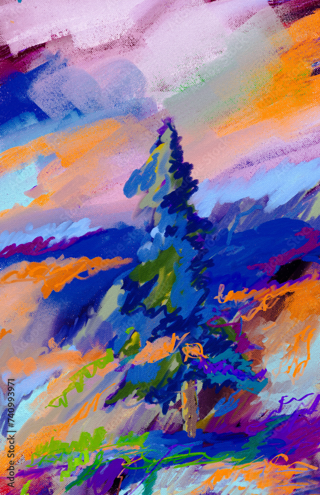 Impressionistic Pine or Conifer Tree Forest Digital Art, Illustrations, Artwork, Design, Digital Painting, Art, doodle, scribble art, scribbly in vibrant blue, orange, green & purple