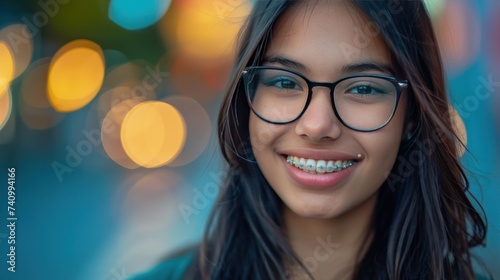 Cheerful girl with braces in warm sunlight