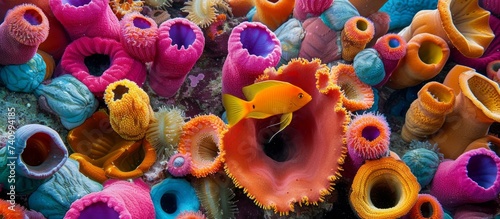 An organism resembling a flower is swimming among colorful sponges in a coral reef, with petals in magenta and electric blue hues