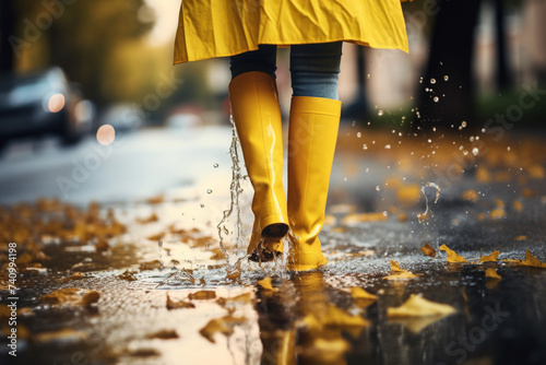 Woman having fun on the street after the rain. Cropped woman wearing rain rubber boots and yellow raincoat walking into puddle with water splash and drops. Fall weather. Selective focus