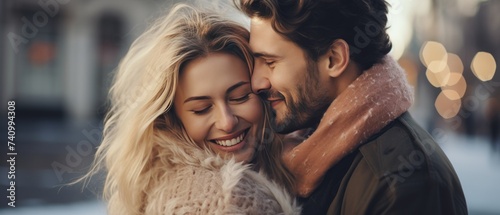 woman holding her boyfriend on arm, smiling in winter,
