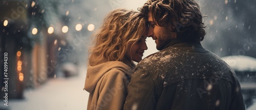 woman holding her boyfriend on arm, smiling in winter,
