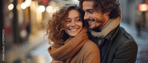 woman holding her boyfriend on arm, smiling in winter,