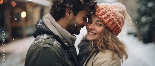 woman holding her boyfriend on arm, smiling in winter,