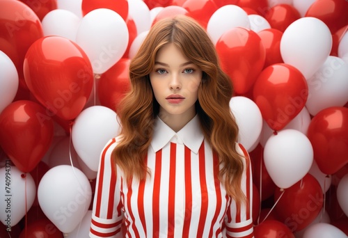 young girl with red and white balloons and gift