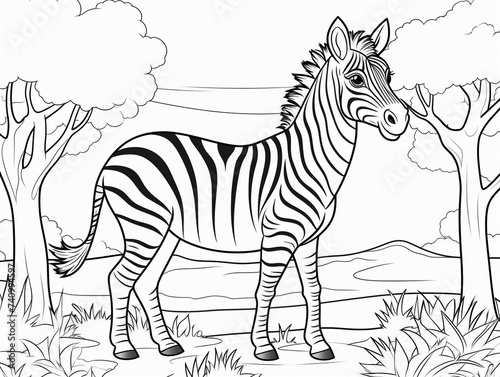 Zebra coloring book page black and white outline zoo animals illustration for children