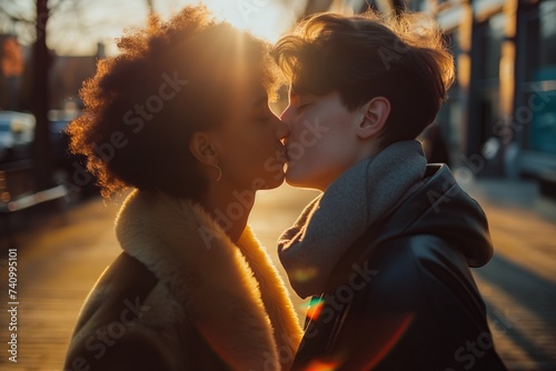 Sunset Kiss Between Diverse Young Couple in Winter