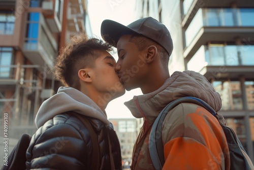 Young Gay Couple Kissing on City Street, Gen Z Love