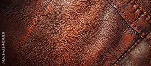 A detailed closeup of a brown leather jacket showcasing intricate stitching, resembling a pattern found in a terrestrial animals fur