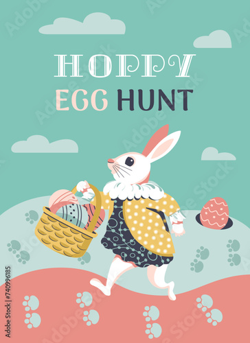 Hoppy Egg Hunt fancy Easter game vector poster. Basket, Easter eggs, rabbit footprints cartoon illustration. Bunny inviting children to egg hunt game. Festive family event play invitation background