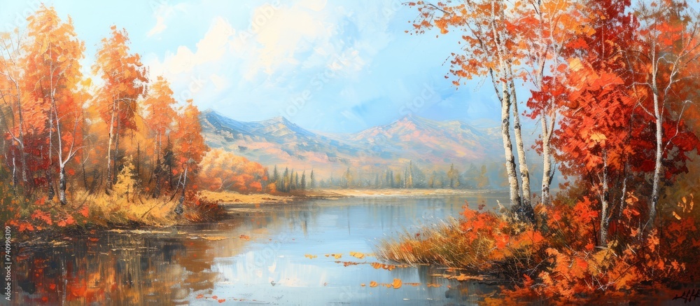 A picturesque natural landscape painting depicting a serene lake enveloped by autumn trees, with majestic mountains in the distance