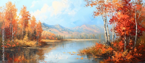 A picturesque natural landscape painting depicting a serene lake enveloped by autumn trees, with majestic mountains in the distance