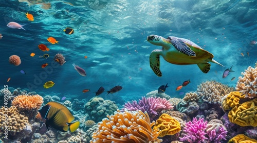 A sea turtle glides through the clear blue waters of a coral reef teeming with colorful marine life and diverse coral formations. Resplendent.