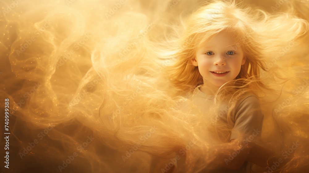 Girl five years old with gold flying strands of hair, soft light, warm atmosphere and background, banner with copy space Girl five years old with gold flying strands of hair, soft light, warm atmosphere and background, banner with copy space