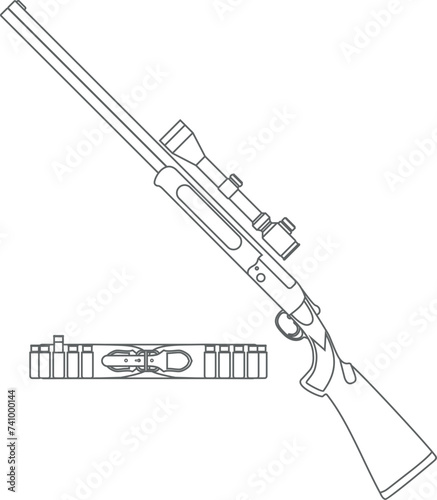 Rifle with Optical Sight and Hunting Bandolier Belt with Cartridges Isolated Outline Icon in Flat Style. Vector Illustration.