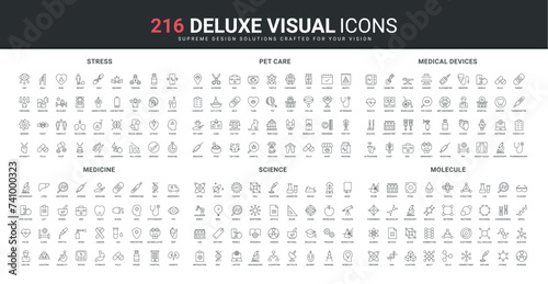 Medicine and medical devices for hospital, education and science lab research line icons set. Veterinarian equipment, molecule and DNA models, disability thin black symbols vector illustration