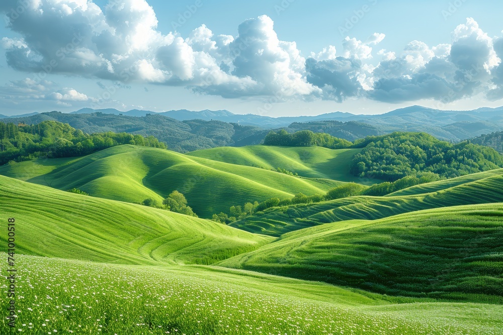 Rolling green hills extending away into beautiful cloudy blue sky