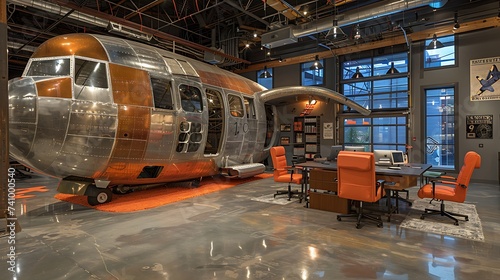 Aviation themed office with airplane wing desks and aviation memorabilia, large, scale workplace design