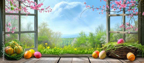 Easter eggs are displayed on a wooden table in front of an open window, overlooking a lush natural landscape with green grass and trees under the sunlightfilled sky with fluffy clouds photo