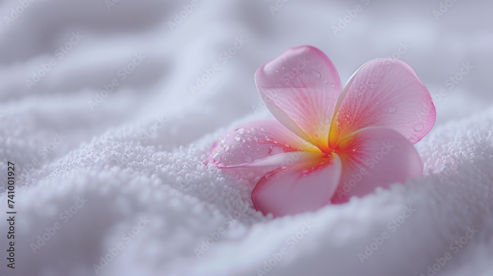 Frangipani flower on white towel, a close-up of a delicate, pink plumeria flower with soft petals, on a white, textured surface. Frangipani flower on white towel, a close-up of a delicate, pink plumeria flower with soft petals, on a white, textured surface.