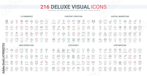 Ecommerce, marketing development strategy, website content creation line icons set. order in online store and delivery, video and data legal protection thin black and red symbols vector illustration