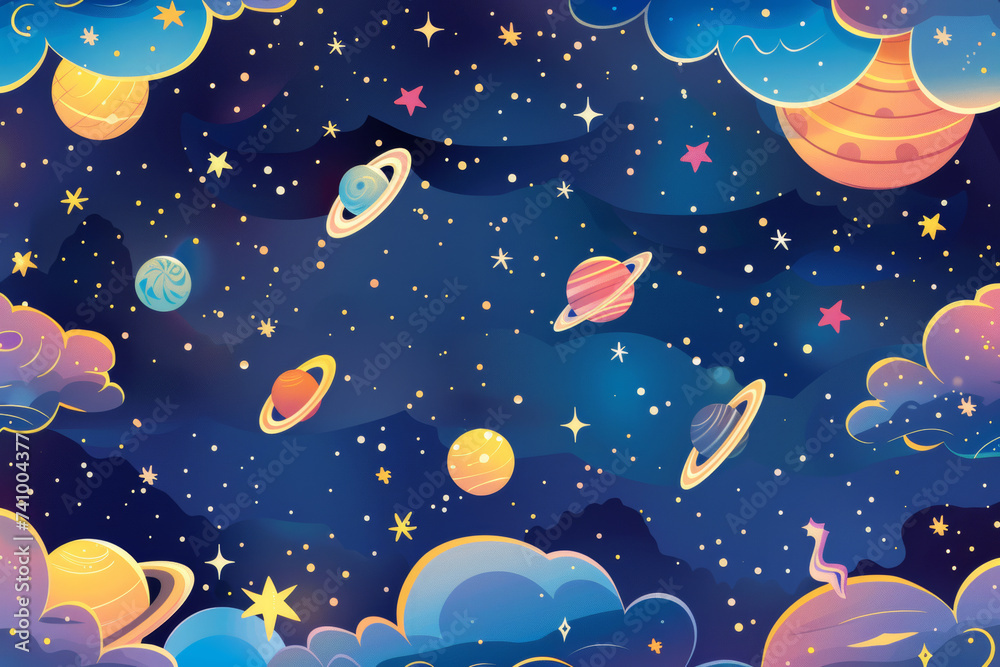 Whimsical Outer Space Illustration with Planets and Stars Whimsical Outer Space Illustration with Planets and Stars