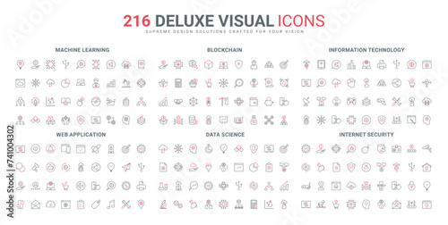 Machine learning, data science and blockchain line icons set. AI technology, key and lock of hacker, files and documents in folder, crypto market thin black and red symbols vector illustration