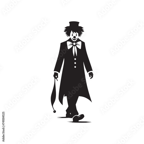 Silhouetted Clown: Full Body Fun,Whimsical Shadows Clown's Full Figure, Playful Darkness Silhouetted Clown in Motion.