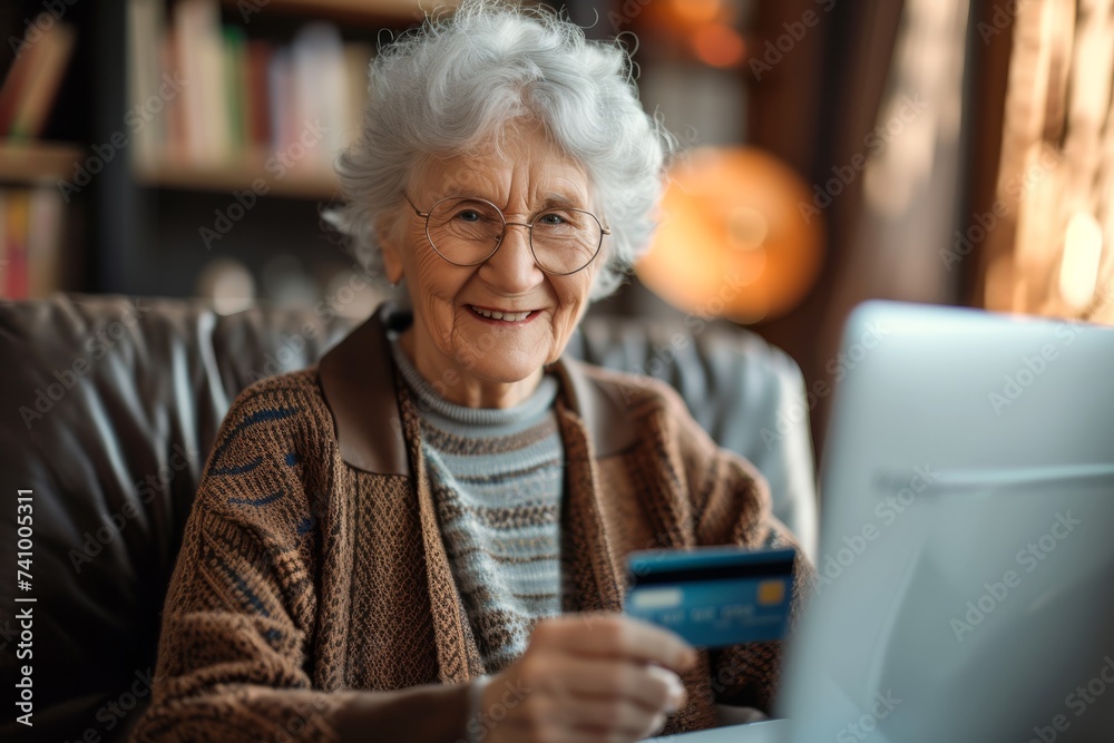 a happy elderly woman using her credit card and computer
