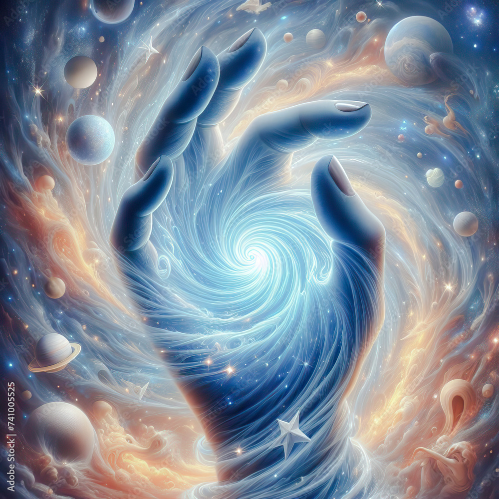 The mystical hand reaches out to sacred knowledge, the secrets of the universe, creates and creates The mystical hand reaches out to sacred knowledge, the secrets of the universe, creates and creates