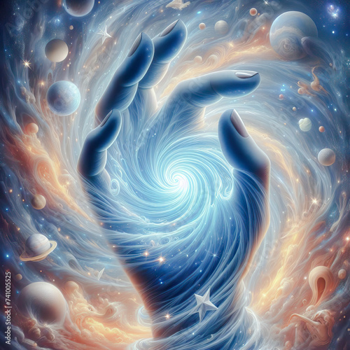 The mystical hand reaches out to sacred knowledge, the secrets of the universe, creates and creates