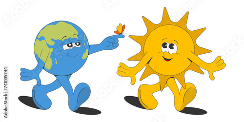 Cute cartoon characters: planet and sun isolated on a white background. Elements for the design of a print, sticker, poster, postcard for Earth Day. Eco concept. Vector illustration, eps10