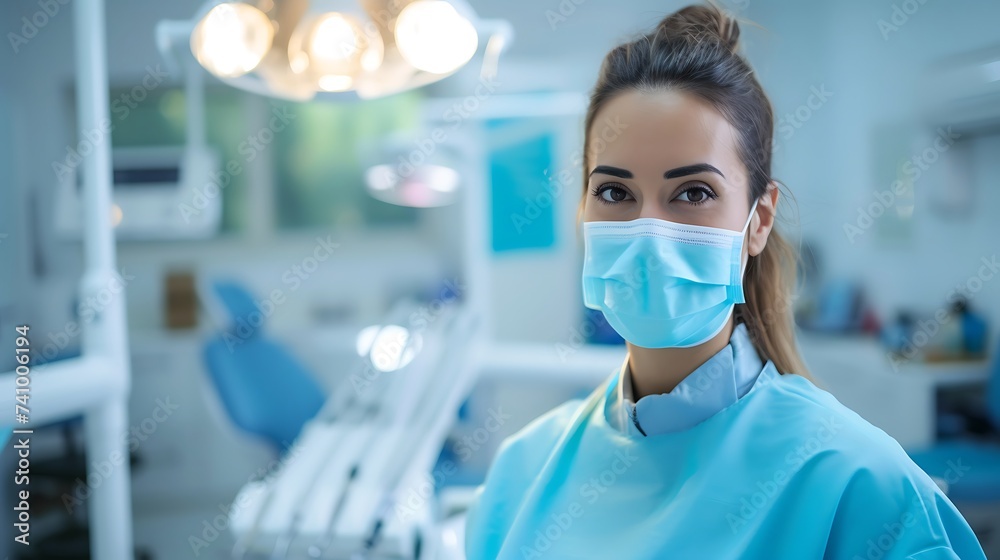 Woman Wearing Face Mask in Dentists Office. Generative AI. Woman Wearing Face Mask in Dentists Office. Generative AI.