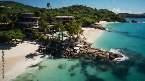A secluded and unspoiled beach, featuring powdery white sand, crystal-clear waters, and lush greenery, offering an escape to a pristine and paradisiacal coastal