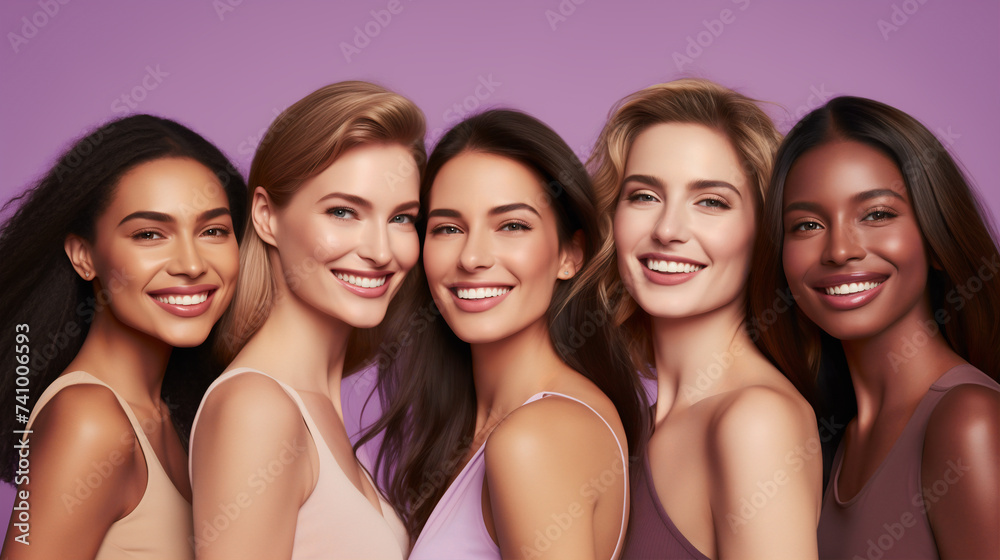 A diverse group of smiling women stand shoulder to shoulder against a lilac background, representing unity and the beauty of diversity A diverse group of smiling women stand shoulder to shoulder against a lilac background, representing unity and the beauty of diversity