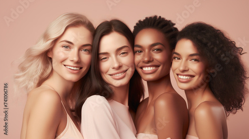 A line-up of four smiling women against a purple backdrop, each showcasing their unique beauty and style, celebrating female diversity and elegance.