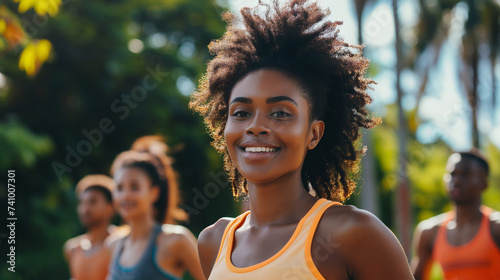 A vibrant woman leads a group of runners, her afro hair and bright athletic wear symbolizing energy and healthy lifestyle. This shot captures the joy and dynamism of outdoor exercise with friends