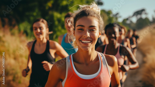 Amidst a natural backdrop, a woman runner's joyful expression and active pose inspire a sense of freedom and the enjoyment of fitness. An image represents a healthy, active lifestyle embraced outdoors